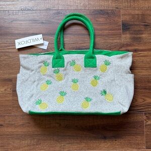 Wildfox Pineapple Terry Cotton Crossbody Travel Tote Bag Green/Gray NWT